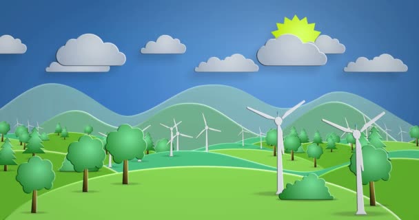 Szélenergia Öko Megújuló Energia Termelés Rajzfilm Papír Művészet Stílus Zökkenőmentes — Stock videók