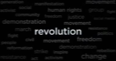 Revolution fight for freedom and justice headline news across international media. Abstract concept of news titles on noise displays loop. TV glitch effect seamless and looped.