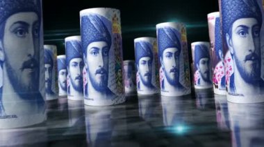 Gürcistan parası Gürcistan Lari ruloları 3D animasyon döngüsü. Masada para var. Kusursuz ve döngüsüz soyut ekonomi, finans, iş ve durgunluk kavramı. GEL banknotları arasındaki kamera.