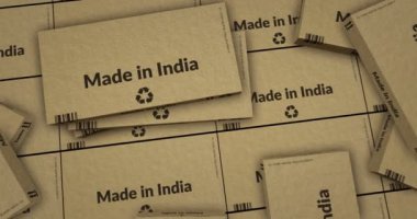 Made in India box production line. Manufacturing and delivery. Product factory, import and export. Abstract background concept 3d rendering animation.