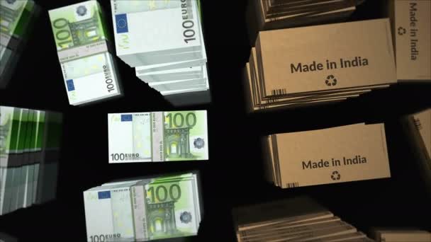 Made India Box Line Euro Money Bundle Stacks Export Trade — Vídeo de Stock