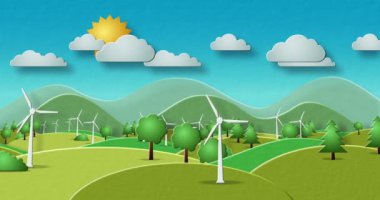 Rüzgar enerjisi ve eko yenilenebilir enerji üretimi karikatür karikatür kağıt stili pürüzsüz ve çevrilebilir 3D animasyon