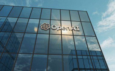 San Francisco, USA, February 15, 2023: OpenAI headquarters glass building concept. ChatGPT artificial intelligence company symbol on front facade 3d illustration.