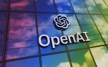 San Francisco, USA, February 15, 2023: OpenAI headquarters glass building concept. ChatGPT artificial intelligence company symbol on front facade 3d illustration. clipart