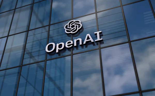 San Francisco, USA, February 15, 2023: OpenAI headquarters glass building concept. ChatGPT artificial intelligence company symbol on front facade 3d illustration.