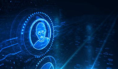 Social media chat face and artificial intelligence head symbol digital concept. Network, cyber technology and computer background abstract 3d illustration.