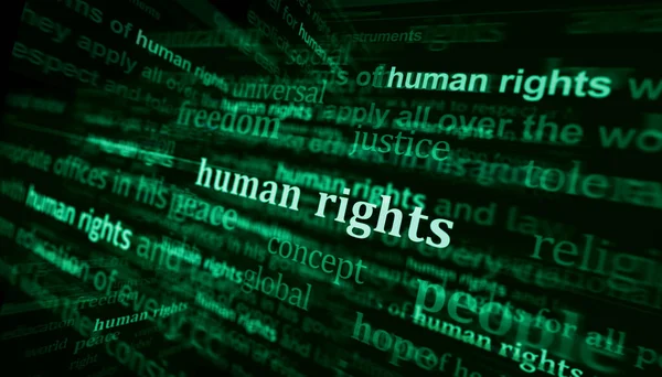 Human rights fight for freedom and justice headline news across international media. Abstract concept of news titles on noise displays. TV glitch effect 3d illustration.