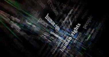 Human rights fight for freedom and justice headline news titles across media. Abstract concept displays loop. Flight between screens with glitch effect seamless and looped 3d.