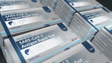 Covid antigen self test box production line. Rapid coronavirus sars-cov-2 pandemic testing pack factory. Abstract concept 3d rendering loopable seamless animation.