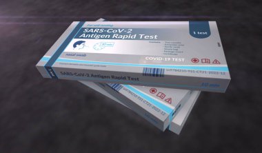 Covid antigen self test box production line. Rapid coronavirus sars-cov-2 pandemic testing pack factory. Abstract concept 3d rendering illustration.