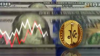 Yes or No random decision choice golden coin over 100 Dollar banknotes. US note counting and chart line on background. Loopable and seamless 3d abstract concept.