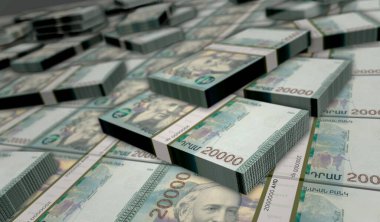 Armenia money Armenian Dram money pack 3d illustration. 20000 AMD banknote bundle stacks. Concept of finance, cash, economy crisis, business success, recession, bank, tax and debt.