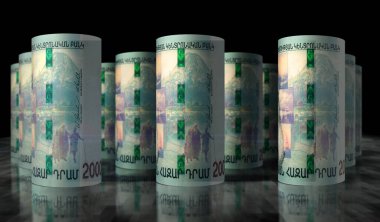 Armenia money Armenian Dram money roll 3d illustration. 20000 AMD banknote rolled. Concept of finance, cash, economy crisis, business success, recession, bank, tax and debt.