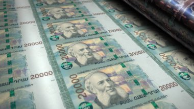 Armenian Dram money printing 3d illustration. 20000 AMD banknote print. Concept of finance, cash, economy crisis, business success, recession, bank, tax and debt in Armenia.