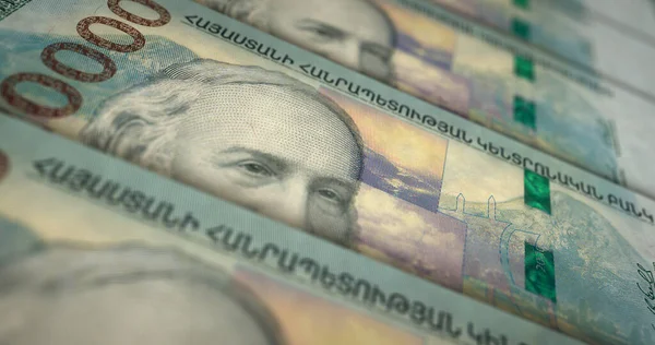 Armenian Dram money printing 3d illustration. 20000 AMD banknote print. Concept of finance, cash, economy crisis, business success, recession, bank, tax and debt in Armenia.