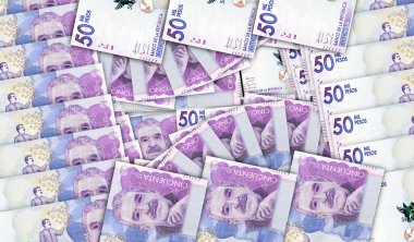 Colombia Pesos banknotes in a cash fan mosaic pattern. Colombian COP 50000 notes. Abstract concept of bank, finance, economy decorative design background 3d illustration.