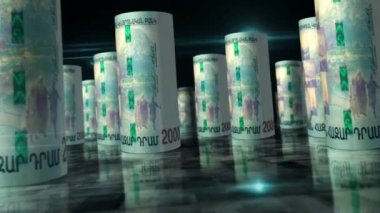 Ermenistan parası Ermeni barajı 3D animasyon döngüsü. Masada para var. Kusursuz ve döngüsüz soyut ekonomi, finans, iş ve durgunluk kavramı. AMD banknotları arasındaki kamera.