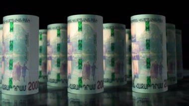 Ermenistan parası Ermeni Dram paraları 3D animasyon döngüsü. Kamera AMD 'nin önünde hareket ediyor. Kusursuz döngüsüz ekonomi, finans, iş ve borç kavramı.