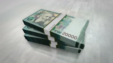 Ermenistan parası Ermeni Dram para yığını. Ekonomi, bankacılık, iş, kriz, durgunluk, borç ve finans konularının kavramı. 20.000 AMD banknotlar 3D animasyon yığınları.