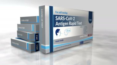 Kapsamlı antijen test kutusu. Hızlı koronavirüs sars-cov-2 salgın test paketi. Animasyon oluşturan soyut bir kavram. Kamera hareket ederken 3 boyutlu görüntü.