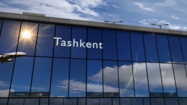 Plane landing at Tashkent, Uzbekistan 3D. Arrival in the city with the glass airport terminal and reflection of the jet aircraft. Travel, business, tourism and transport 3D concept.