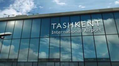 Plane landing at Tashkent, Uzbekistan 3D. Arrival in the city with the glass airport terminal and reflection of the jet aircraft. Travel, business, tourism and transport 3D concept.