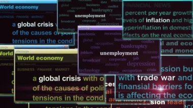 Global crisis inflation unemployment trade war recession pop up window on computer screen. Abstract concept of news titles across social media. Seamless and looped.