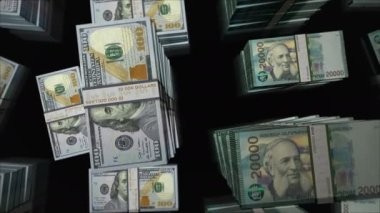 American Dollar and Armenia Dram money exchange. Banknotes pack bundle. Concept of trade, economy, competition, crisis, banking and finance. Notes loopable seamless 3d.