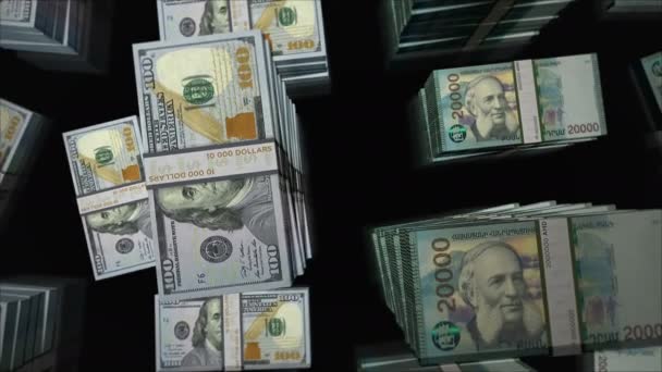 Amerykański Dolar Armenia Dram Wymiany Pieniędzy Pakiet Banknotów Pojęcie Handlu — Wideo stockowe