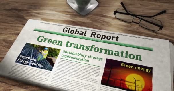 Green Transformation Ecology Environment Sustainable Economy Daily Newspaper Table Headlines — Vídeo de stock