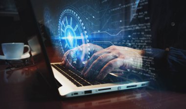 Bulb idea creative innovation and success inspiration symbol and man typing computer keyboard. Hands on laptop. Network, cyber technology and background abstract concept illustration.