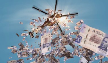 Mexico Pesos banknotes helicopter money dropping. Mexican MXN 500 notes abstract 3d concept of inflation, money printing, finance, economy, crisis and quantitative easing illustration.