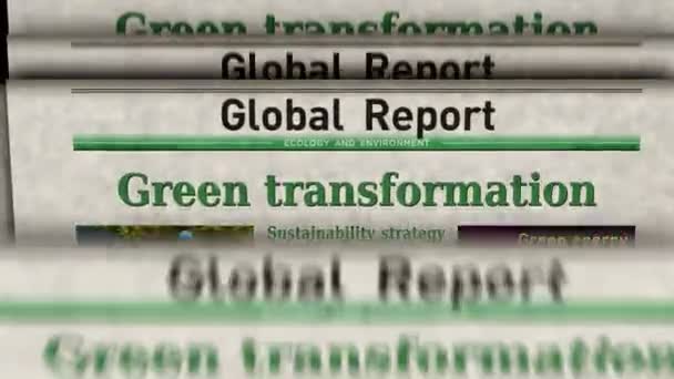 绿色转型生态环境与可持续经济 老旧的新闻和报纸印刷 摘要概念复述标题3D — 图库视频影像