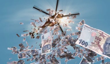 Türk lirası helikopter parasının düştüğünü belirtiyor. Türkiye 100 Deneme Enflasyon, para basma, finans, ekonomi, kriz ve niceliksel kolaylık illüstrasyon kavramına dikkat çekiyor.