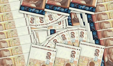 Bulgaristan nakit fan mozaiği şeklinde banknotlar gönderiyor. Bulgar BGN 50 notaları. Soyut banka, finans, ekonomi dekoratif tasarım konsepti 3d illüstrasyon.
