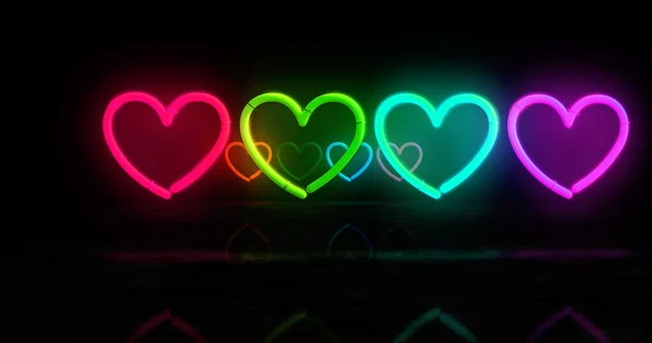 Hearts Icons Neon Symbol Romantic Love Symbol Light Color Bulbs — Stock Photo, Image