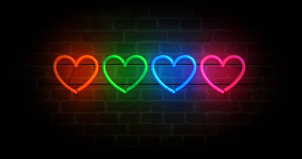 红心是霓虹灯的象征 浪漫的爱情象征着浅色灯泡 抽象概念3D说明 — 图库照片
