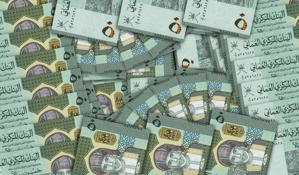 Oman Rial banknotes in a cash fan mosaic pattern. OMR 50 notes. Abstract concept of bank, finance, economy decorative design background 3d illustration.