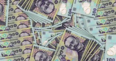 Romanya Lei nakit taraftarı mozaik model döngüsüne para yatırıyor. Rumen RON 100 notaları. Soyut banka, finans, ekonomi kusursuz ve döngülü dekoratif tasarım arka planı kavramı.