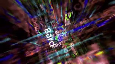 Poznan, Polonya, 5 Mart 2023: OpenAI, chat gpt ai bot ile uluslararası medyada manşet haber başlıkları. Soyut konsept döngü gösterir. Arıza efektli, pürüzsüz 3d döngülü ekranlar.