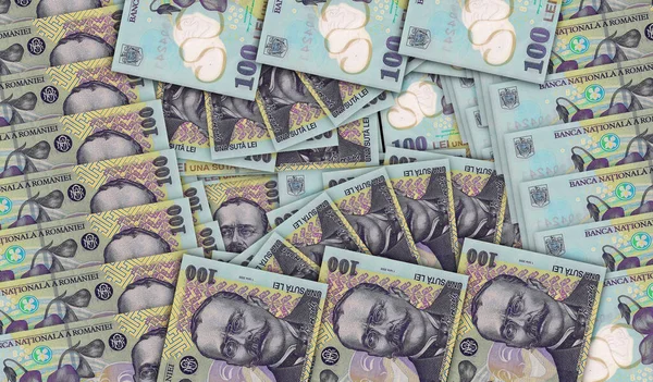現金ファンモザイクパターンでルーマニアレイ銀行券 ルーマニアのRon 100ノート 経済装飾デザインの抽象概念背景3Dイラスト — ストック写真