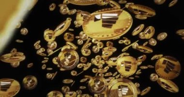 Şifreli Dövüş Kripto Para Birimi Altın Sikkeler arasında izole uçuyor. Dönen altın metal madeni paralar soyut kavram kalıplarını döndürür. Döngüsüz ve pürüzsüz 3d canlandırma.