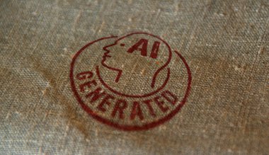 Yapay zeka, çarşaf çuvalına basılmış bir pul üretti. Yapay zeka içeriği ve otomasyon teknolojisi kavramı.