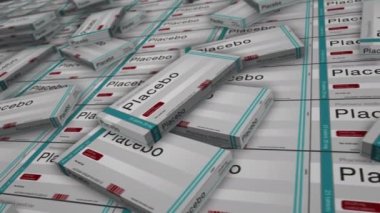 Plasebo tablet kutusu üretim hattı. Tıbbi tedavi ve ilaç ilaç ilaç paketi fabrikası. Soyut kavram 3d biçimlendirilebilir döngüsüz canlandırma.