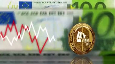 Şifreli dövüşe başla. Şifreli para 100 Euro 'dan fazla. Arka planda not sayma ve çizelge çizgisi. Döngüsüz ve pürüzsüz 3D soyut kavram.
