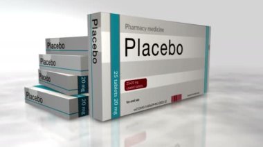 Plasebo tablet kutusu. Tıbbi tedavi ve ilaç tedavisinde kullanılan haplar. Animasyon oluşturan soyut bir kavram. Kamera hareket ederken 3 boyutlu görüntü.