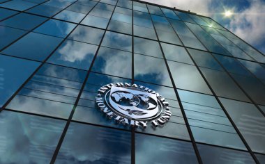 Washington, D.C., USA, March 10, 2023: International Monetary Fund headquarters glass building concept. IMF United Nations financial agency symbol on front facade 3d illustration. clipart