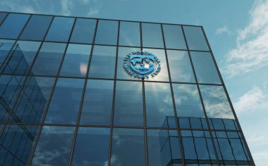 Washington, D.C., ABD, 10 Mart 2023: Uluslararası Para Fonu genel merkezi cam bina kavramı. IMF Birleşmiş Milletler finans dairesi ön cephede 3d illüstrasyon sembolü.
