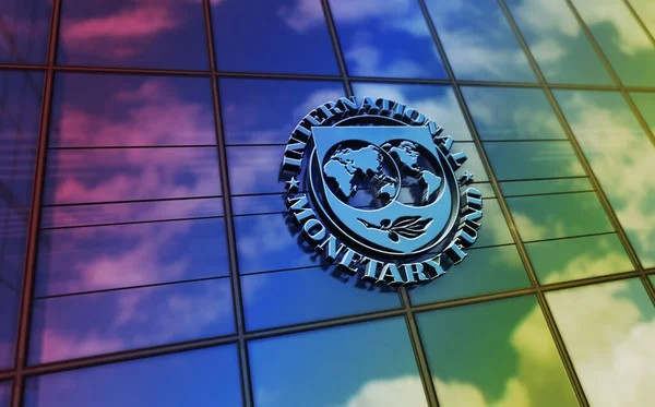 Washington, D.C., ABD, 10 Mart 2023: Uluslararası Para Fonu genel merkezi cam bina kavramı. IMF Birleşmiş Milletler finans dairesi ön cephede 3d illüstrasyon sembolü.
