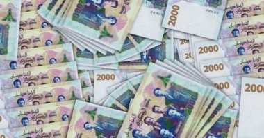 Cezayir Dinarı nakit hayran mozaik döngüsü şeklinde banknotlar halinde. Cezayir 2000 DZD notaları. Soyut banka, finans, ekonomi kusursuz ve döngülü dekoratif tasarım arka planı kavramı.